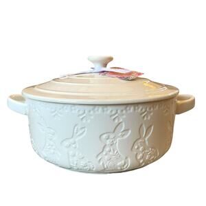 The Bakeshop Stoneware Debossed Bunny Casserole Dish 12in White Easter NEW